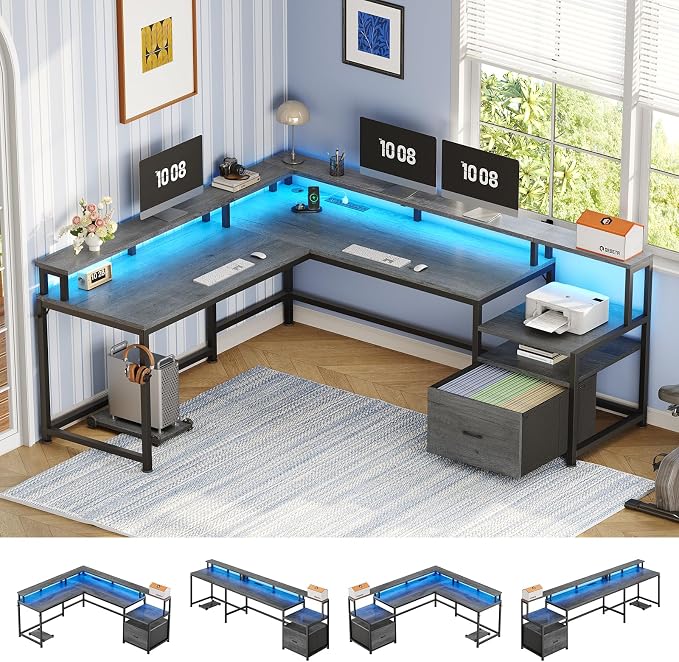 SEDETA L Shaped Desk, 66" Home Office Desk with File Drawer & Power Outlet, Gaming Desk with Led Lights, Corner Computer Desk with Monitor Shelf, Printer Storage Shelves, Two Person Desk, Grey
