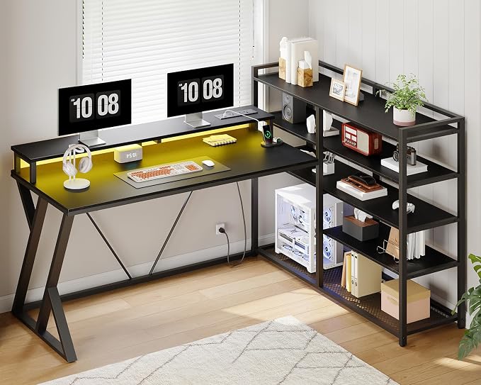 RALGEND L Shaped Gaming Desk with Bookshelf, 52'' Reversible Computer Desk with LED Light & Power Outlet, Corner Desk with Storage Shelves and Monitor Stand for Home Office, Black