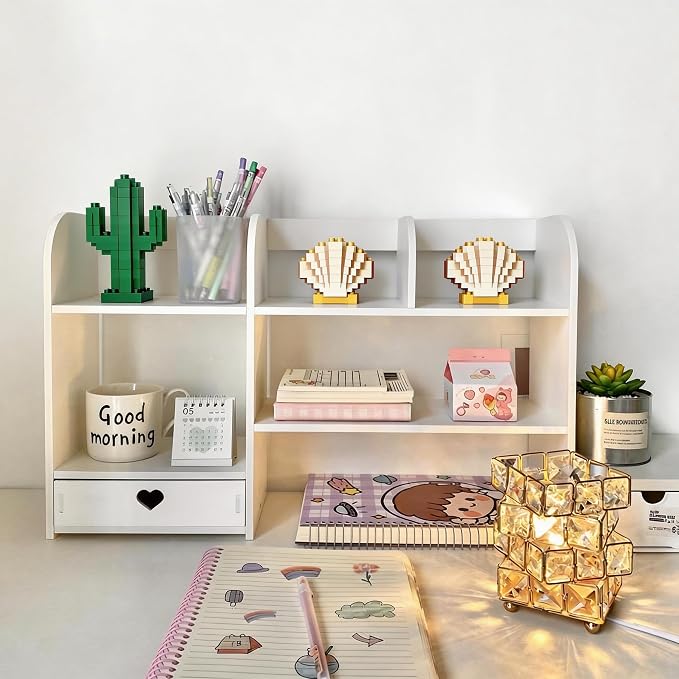 White Heart Drawer Bookshelf, Desktop Organizer with Shelves and Heart-Shaped Drawer for Desk, Office, Dorm