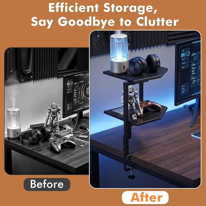 2-Tier Corner Clamp On Desk Shelf for Home Office Gaming Room | Adjustable Corner Clamp On Desk Shelf 2-Tier, Above Table Storage Shelves for Small Space Home Office & Gaming Room