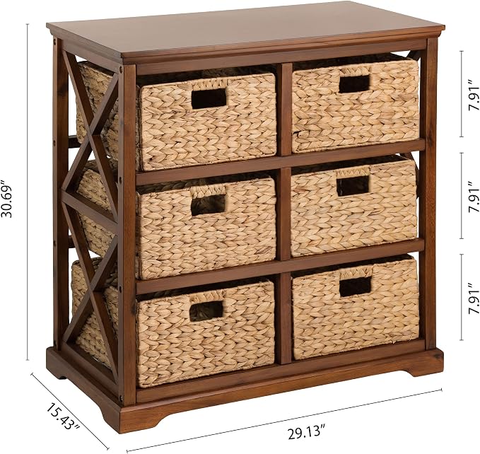 eHemco Hampton Meadows 3 Tier X-Side End Storage Cabinet with 6 Wicker Baskets, Walnut
