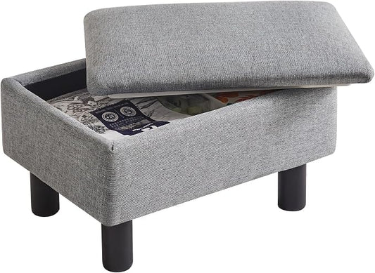 IBUYKE Storage Ottoman Footrest Stool with Linen Fabric, Rectangular, Flip Top Lid, Non-Slip Feet, Compact Design, Stylish and Functional, Gray Blue RF-BD224