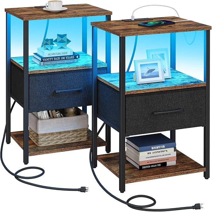TUTOTAK LED Nightstand Set of 2, Night Stand with Charging Station, End Table, Bedside Table with Fabric Drawer, Side Table for Livingroom and Bedroom, Brown TB01BB0692L