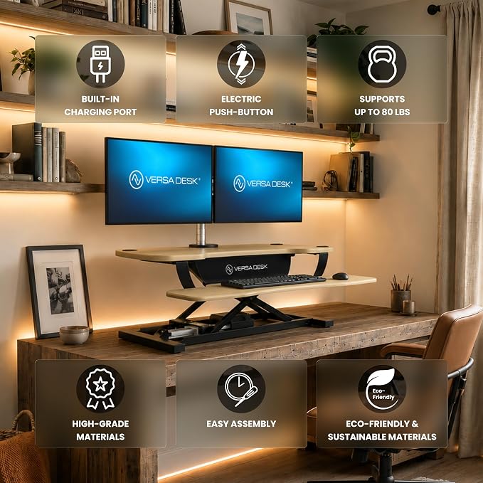 VERSADESK PowerPro 48 Inch Electric Standing Desk Converter – Push-Button Height Adjustable Sit to Stand Desk Riser for Multiple Monitors – Motorized Desktop Workstation with Wide Keyboard Tray