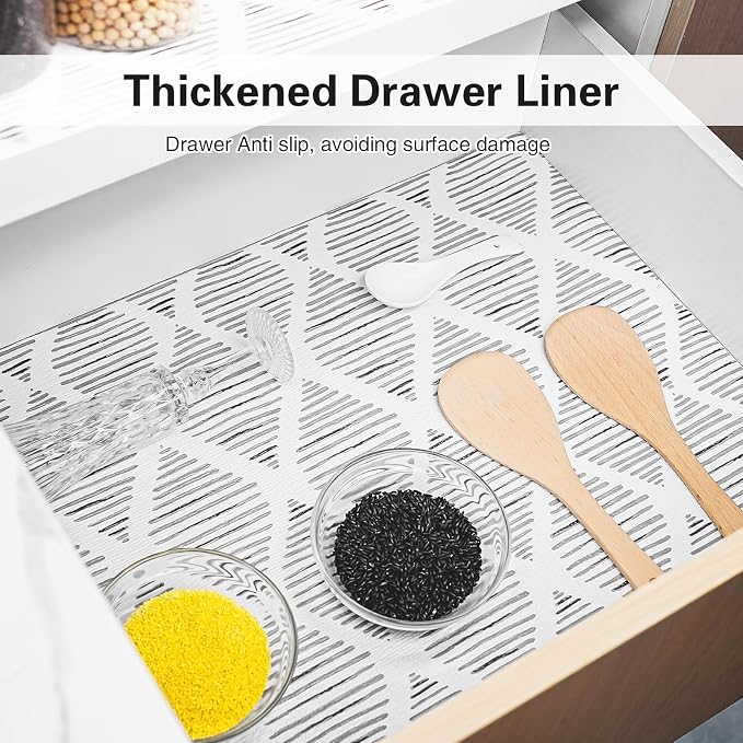 GTJ Drawer and Shelf Liner for Kitchen Cabinet,17.5IN x 10FT Non-Adhesive Cabinet Liner,Waterproof Shelf Paper Non-Slip Mats Cupboard Liner Contact Protect Dresser/Shelves/Table-Square Stripes