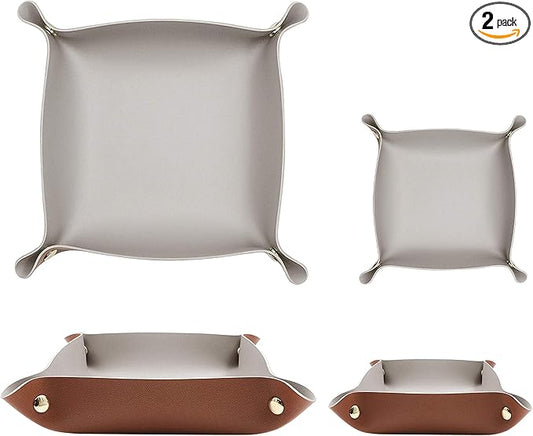 2 Size Leather Valet Tray Organizer, Folding Travel Organizer, Jewelry Tray, For Travel, Home Or Office | Plain Weave, Double Complexion - Brown & Grey