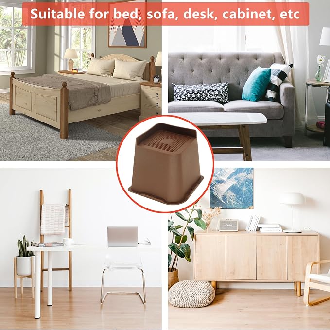 4 Pack Bed Risers 5 inch Heavy Duty Dark Brown, Oversized Furniture Risers, Bed Lifts Risers for Table, Sofa, Chair, Couch, Desk, Bed Frame Risers Supports Up to 6,500 Lbs