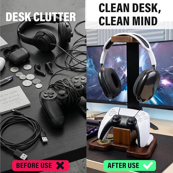 Gaming Equipment Headset Stand with Game Controller Holder & Storage Base, Stylish Gamer Gifts for Men Teenage Boy Headphone Stand, Unique Gifts for Gamers to Organize Gaming Accessories (Brown Wood)
