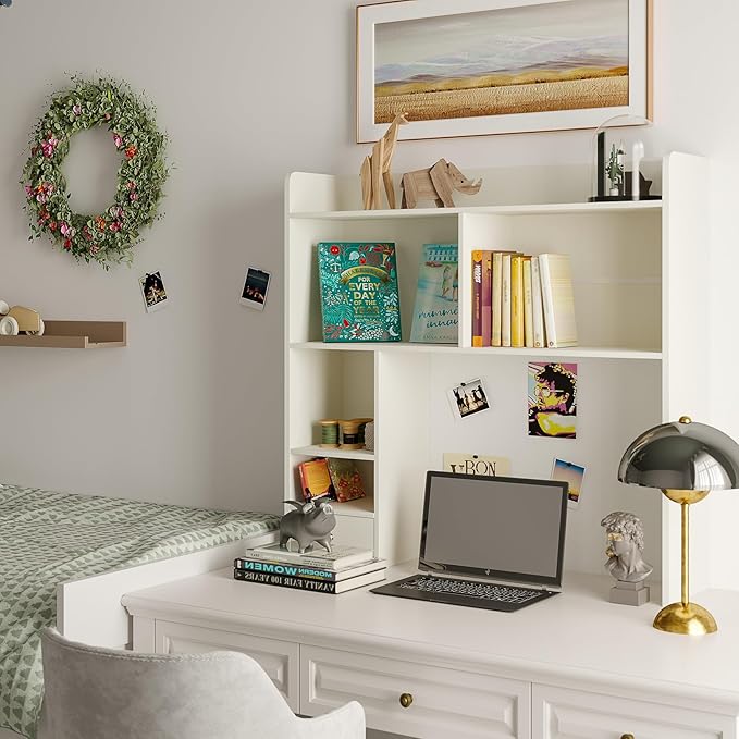 ChooChoo Desktop Bookshelf, 36.4" Tall Countertop Desk Hutch with 5 Shelves and 1 Drawer for Computer Desk, Desk Shelf Organizer for Dorm Office Home,White