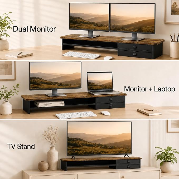 Dual Monitor Stand, 42.5 Inch Wood Monitor Riser with Drawers, 2 Tier Desktop Organizer for Computer Laptop TV, Large Screen Stand for Home Office Desk