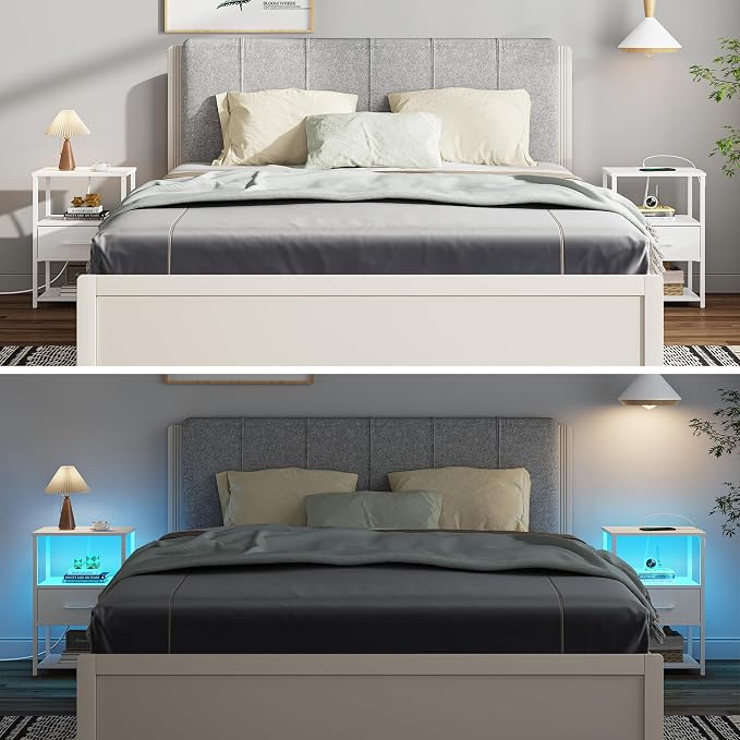 TUTOTAK LED Nightstand Set of 2, Night Stand with Charging Station, End Table, Bedside Table with Fabric Drawer, Side Table for Livingroom and Bedroom, Whtie TB01BW0692L