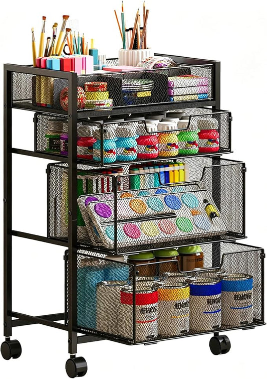 4-Tier Rolling Utility Cart with 3 Drawers, Craft Organizer and Storage with DIY Divider, Art-Craft Supplies with Caster Wheels, Multi-Functional Storage For Classroom, Office, Paints, Artifacts
