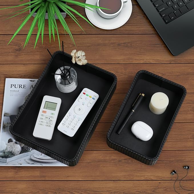 Desk Organizer Tray, PU Leather Nightstand Organizer Perfume Valet Tray for Men Women, Decorative Vanity Trays Trinket Dish Key Bowl for Entryway Table (2pcs, Black, Large+Small)