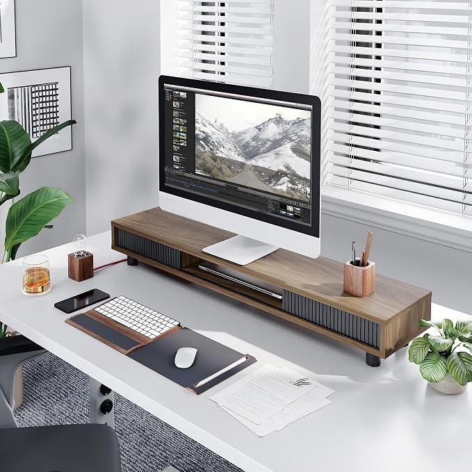 Fenge Dual Monitor Stand, 42.5inch Long Monitor Stands Riser for 2 Monitors, Glass Sliding Door with Storage Organizer Stand for Desk, 2 Tier Desk Shelf for Laptop, Pc, Printer, Computer, TV
