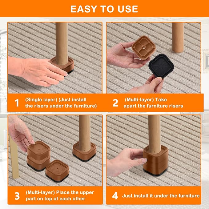 shouwuhho 9 Pack Furniture Risers Adjustable Bed Risers Heavy Duty Lifts Height 1", Square Stackable Bed Risers 1, 2 or 3 Inch for Desk Leg Table Couch Sofa Chair Bed Frame Legs Dorm, Brown