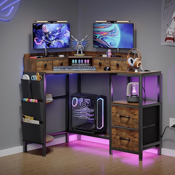 VENNQD Corner Desk with 6 Fabric Drawers Shelves for Small Space Computer Desk with Power Outlets,Gaming Desk with Printer Monitor Stand Storage for Home Office Workstation Writing Table Brown