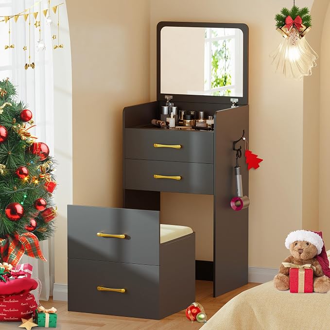 Gurexl 3 in 1 Vanity Desk with Flip Top Mirror,Small Compact Vanity with Visible Glass Desktop,Makeup Vanity Set with 3 Drawers,Cushioned Stool,Dressing Table for Bedroom,Black