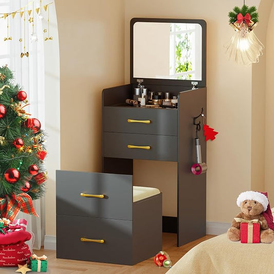 Gurexl 3 in 1 Vanity Desk with Flip Top Mirror,Small Compact Vanity with Visible Glass Desktop,Makeup Vanity Set with 3 Drawers,Cushioned Stool,Dressing Table for Bedroom,Black