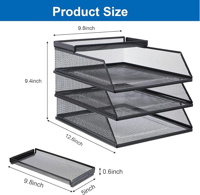 4-Piece Desk Organizer Set with 3 Slanted Paper Trays and Top Caddy, Metal Mesh Desktop File Organizer, Stackable Letter Trays for Document Storage in Home, Office, School (Black)