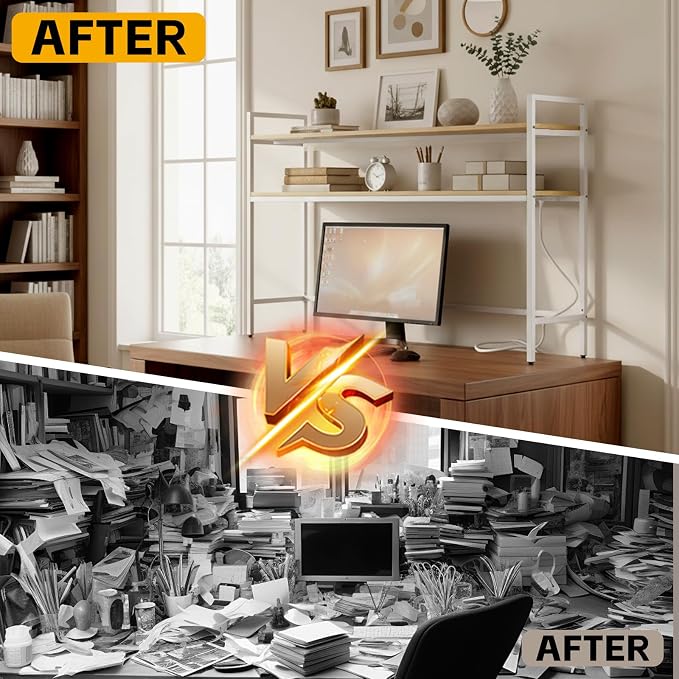 38.5" Desk Shelf with Outlets, 2-Tier Adjustable Multipurpose Engineered Wood Organizer Desk Hutch, Office Storage Rack, Desktop Shelf Organizer for Dorm,Office Home(Nature)