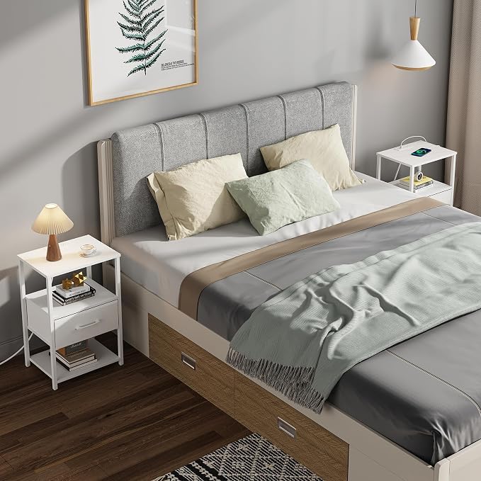TUTOTAK Nightstand Set of 2, Night Stand with Charging Station, End Table, Bedside Table with Fabric Drawer, Side Table for Livingroom and Bedroom, White TB01BW0692