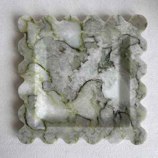 Vintage Natural Marble Tray Small Ornaments Scalloped Tray Handmade Storage Dish for Counter, Vanity, Dresser, Nightstand and Desk (Green Emerald)