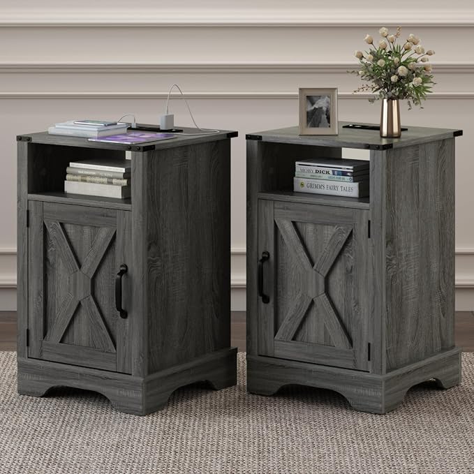 RoyalCraft 25" Tall Nightstand Set of 2, Farmhouse Nightstand with Charging Station, Large End Table with Storage, Wood Grey Bedside Table for Bedroom, Dark Grey