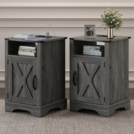 RoyalCraft 25" Tall Nightstand Set of 2, Farmhouse Nightstand with Charging Station, Large End Table with Storage, Wood Grey Bedside Table for Bedroom, Dark Grey
