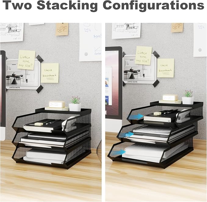 Natwind 3 Tier Stackable Paper Trays for A4 File,Desktop File Organizers for Office Supplies,Metal Mesh Desk Organizer,Mail Sorter Paper Tray with Top Tray,Letter Trays for Home,Office,School,Black