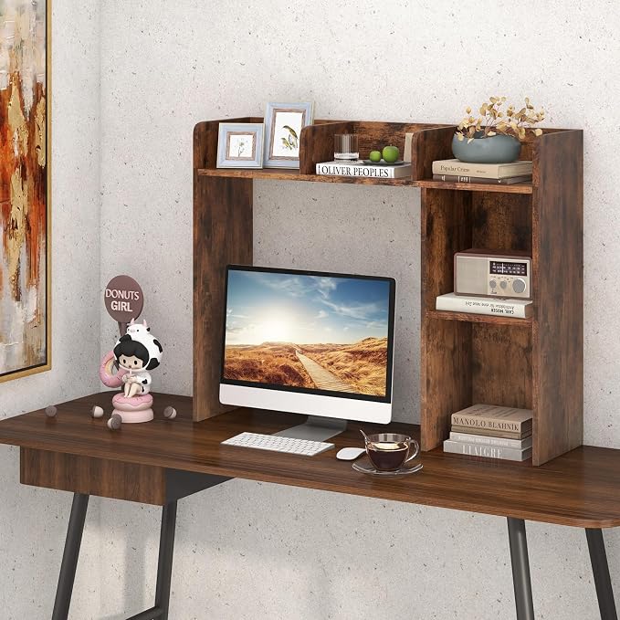 Giantex Desktop Bookshelf, Wood Desk Hutch Organizer for 27 Inch Computer Monitor, Countertop Storage Display Rack with 5 Shelves, Multipurpose Desktop Shelf Bookcase for Dorm Office Home, Brown