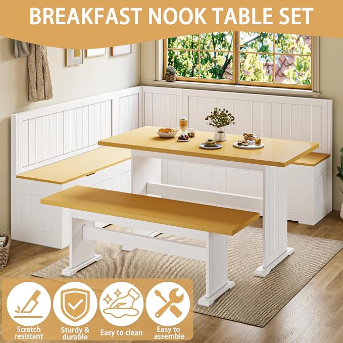 Breakfast Nook Corner Table Set, L-Shaped Corner Dining Set with Hidden Storage Bench, 3 Piece Kitchen Corner Bench Set with Cushion, Flip Top Entryway Bench, Space Saving Reversible, White