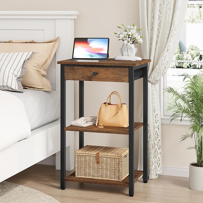 Gewudraw Printer Stand with Storage Drawer, 3-Tier Under Desk Printer Table, End Table for Home Office, Living Room, Bedroom, Brown