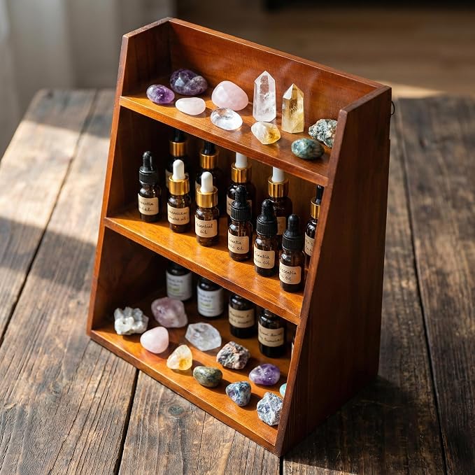 DECHOUS 3 Tier Vintage Display Shelf: Small Wooden Desktop Organizer Multi Layer Storage - Freestanding or Wall Hanging for Home Office Desk Crystals Stone Essential Oils Storage - 12x6.5x13 Inch