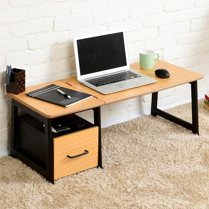 Yamazen SP-2457DR(OAK/BK) Telework 2-Way Low Desk, Folded, Side Table, Rounded Corners, Drawer (Choose From Left & Right Setting), Width 13.8 inches (34/92 x 40.5 x 33/37 cm)