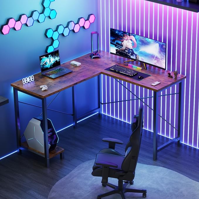 DUMOS L Shaped Desk, Computer Gaming Desks Corner Office Table with CPU Shelf for Home Study Writing Work Station 50 Inch, Sturdy Modern Design, Study, and Home Office Use, Rustic Brwon