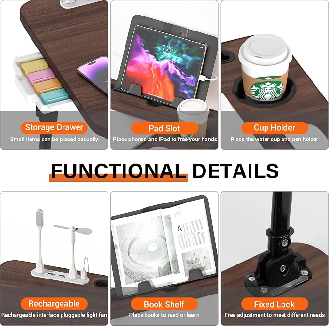 Lap Desk for Bed, Adjustable Laptop Desk with USB Charging Port, Storage Drawer & Bookshelf — Foldable Bed Desk for WFH & Students, 23.6" Desktop Fits 21" Laptop, Non-Slip, Walnut