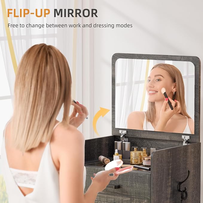 Gurexl 3 in 1 Vanity Desk with Flip Top Mirror,Small Compact Vanity with Visible Glass Desktop,Makeup Vanity Set with 3 Drawers,Cushioned Stool,Dressing Table for Bedroom,Rustic