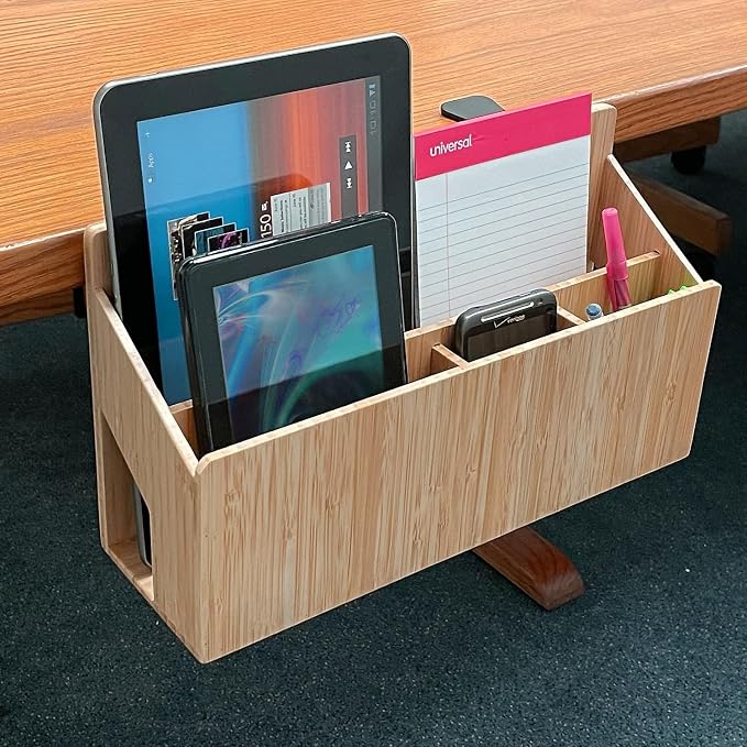 MobileVision Bamboo Side Desk or Table Organizer with C-Clamp Mount on Rear For Easy Mount
