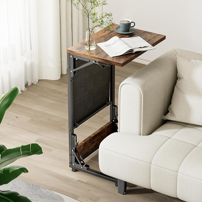 Folding TV Tray Table, 28.8" Tall C-Shaped Side Table for Couch and Bed, Slide Under Sofa Side Desk with Storage Bag - Sturdy Metal Frame Tray for Living Room, Bedroom, Home & Office (Rustic Brown)