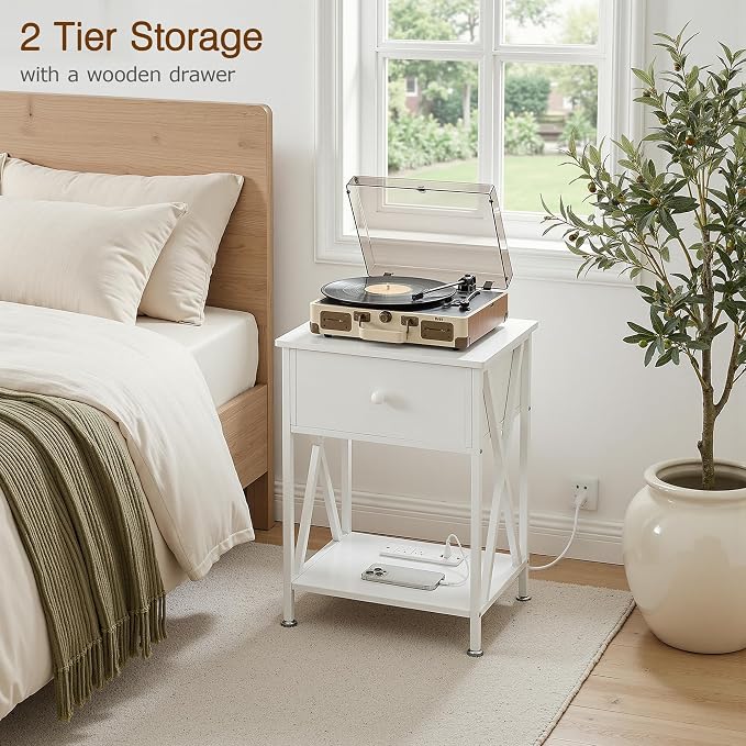 VECELO End Table with Charging Station, Night Stand with Drawers, 2-Tier Bedside Tables with USB Ports & Outlets, Side Table with Storage Shelf for Living Room/Bedroom, White