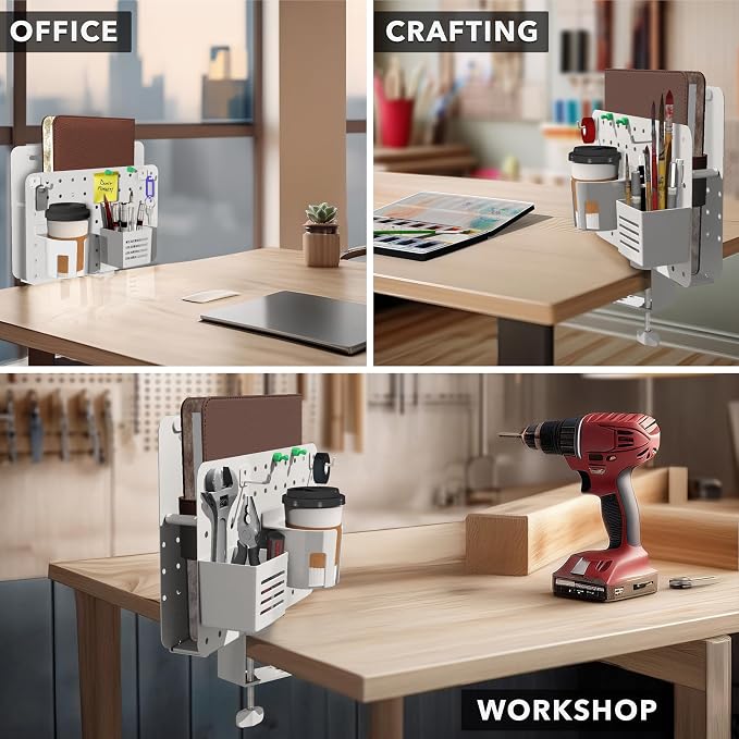 Mount-It! Desk Mounted Pegboard Organizer with 360° Rotation | Includes Cup Holder, Pen Holder, Hooks & Magnets | Clamp-on Desk Storage for Home Office, Workshop, Crafting Station (White)