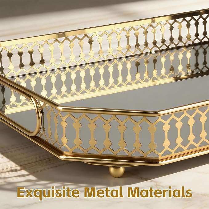 Durable Decorative Organizer for Dresser, Bedroom, Bathroom Countertops - Spacious with Handle in Your Desk Space Scratch-Resistant - Gold(Large)