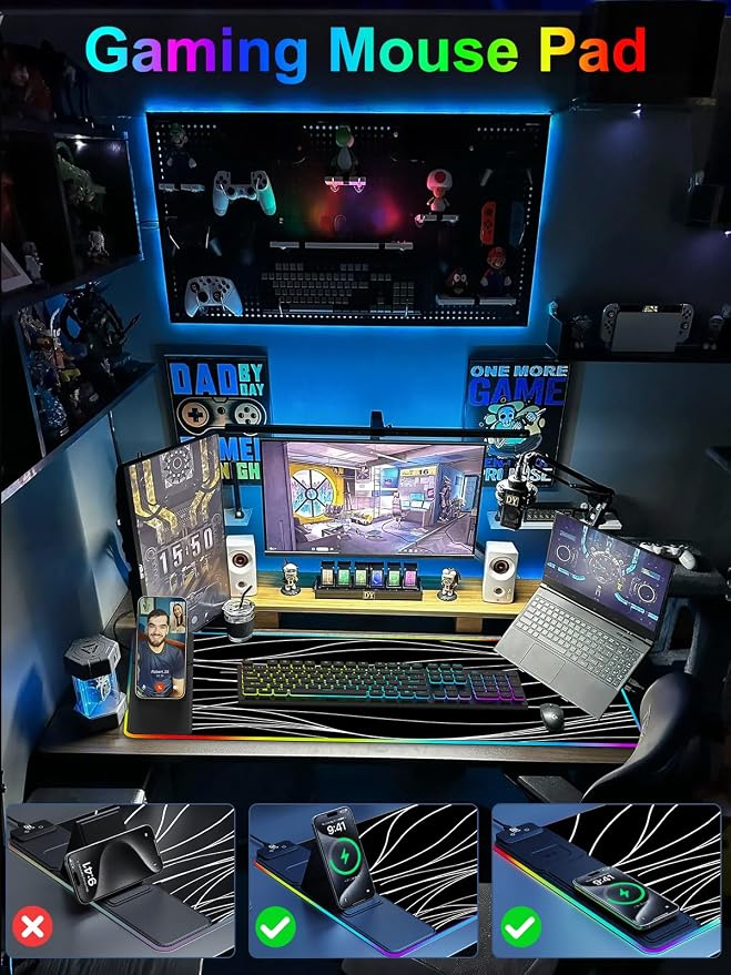 XXL Mouse Pad with Phone Holder - Black, RGB Desk Mat with 15W Fast Charging, LED Gaming Mousepad with 11 Light Colors, Waterproof Non-Slip Pad for Office & Home (Wave)
