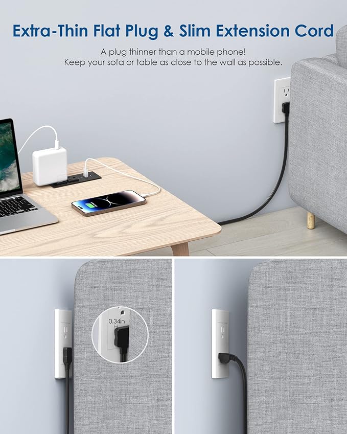 Recessed Power Strip 30W USB C,Furniture Flush Mount Desk Outlet,2 Outlets 4 USB Ports,Recessed Outlet for Side Table/Sofa Table,Ultra Thin Flat Plug Power Strip,3FT Cord (Black)