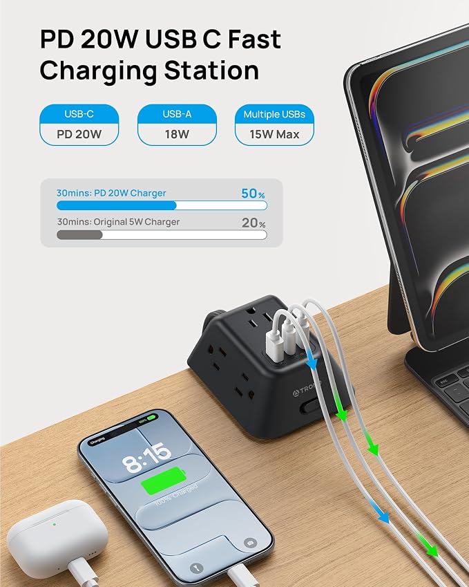 TROND Desk Clamp Power Strip with USB C PD 20W, Desk Surge Protector with 5 AC Outlets, Desktop Charging Station, Fit 1.97in Tabletop Edge Thick, Extension Cord 6ft for Home Office Accessories, Black