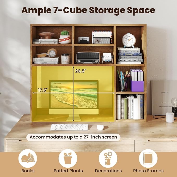 Giantex Desktop Bookshelf, Desk Hutch Dorm w/ 7 Cubes & 3 Adjustable Shelves, Desk Shelf for Up to 27" Computer Monitors, Wooden Desktop Storage Organizer for Dorm College Office Homem, Natural