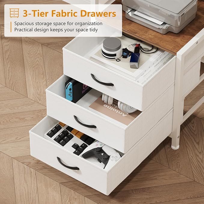YOMILUVE Reversible Computer Desk with Hutch, Home Office Desk with Drawers and Bookshelf, 52'' Study Writing Desk with Storage Shelves for Bedroom Home Office, Brown and White