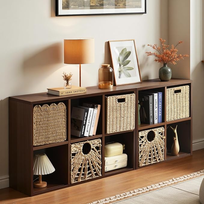 IRONMIX Metal 6 Cube Storage Organizer with Shelves, Modern Short Bookshelf with Storage, 2 Tier Horizontal Bookshelf Cube Shelf, Small TV Stand with Cabinet for Home Office Library(Dark Wooden, 1037)