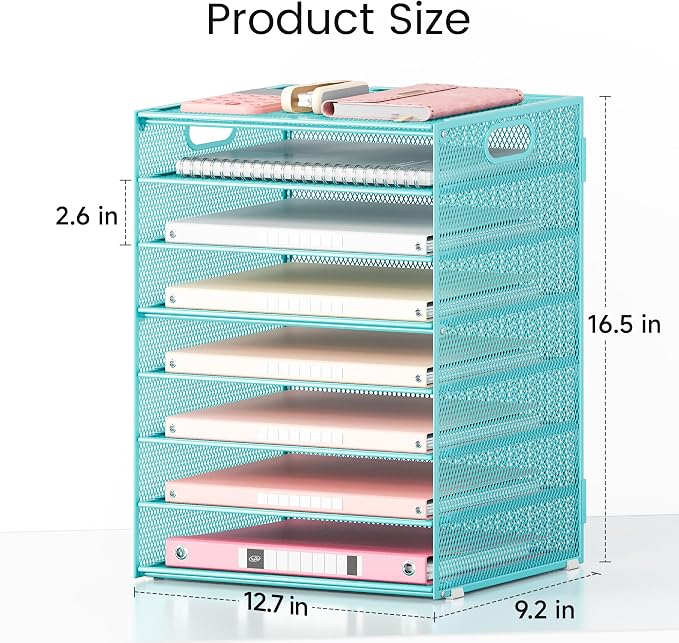 Lavatino 8-Tier Office Desk File Organizer, Letter Tray Paper Organizer with Handle, Including 5 Adjustable Slide Trays for Organizing Desktop Workspace Accessories and Supplies (Blue Metal Mesh)