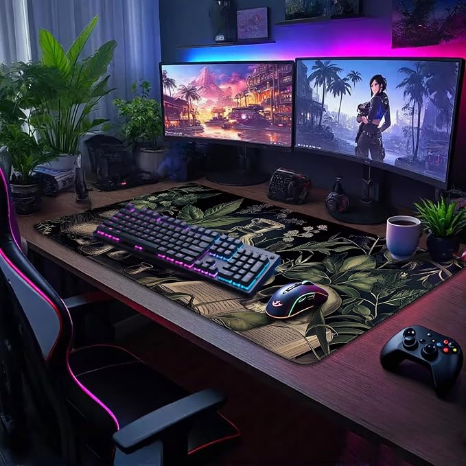 Gothic Dark Botanical Large Gaming Mouse Pad 31.5"x15.7"｜XXL Desk Mat, Non-Slip Rubber Base & Stitched Edges - Extended Waterproof Mousepad for PC/Laptop/Office/Home Decor